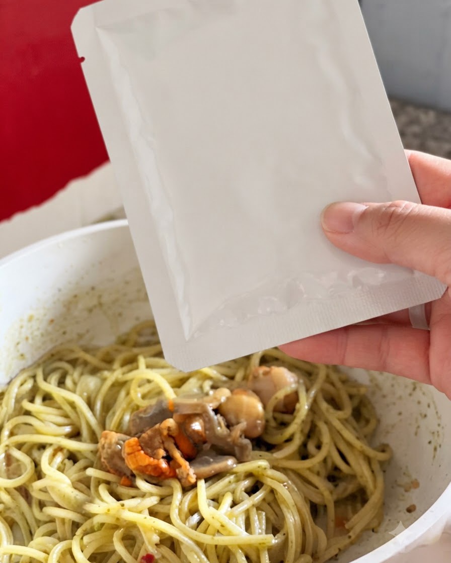 A hand holding a white foil packet above a white pan, pouring the clam and vegetable garnish into a batch of green pesto pasta.