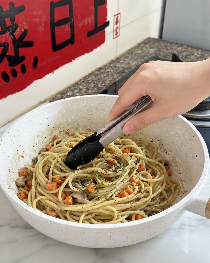 Tongs mixing pasta, diced carrots, mushrooms, and herbs together in a white skillet.