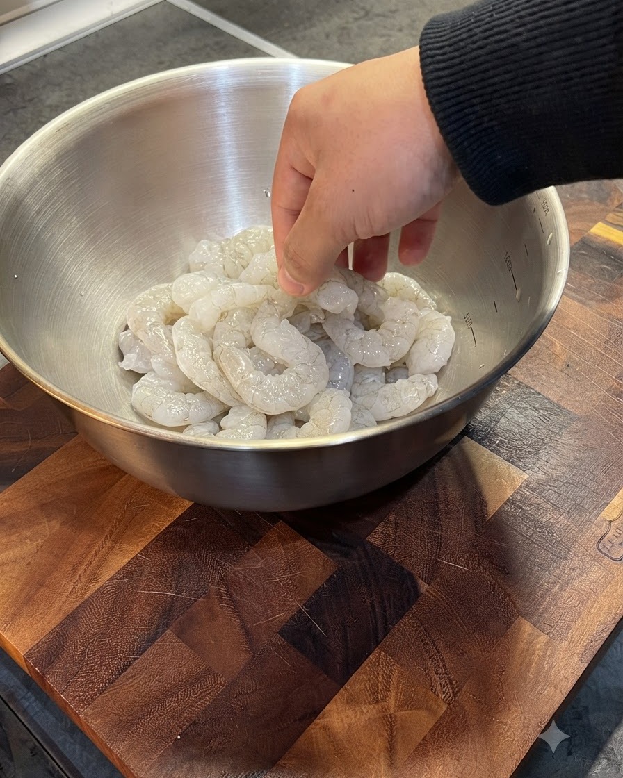 Frozen shrimp inside a metal bowl submerged in warm water.