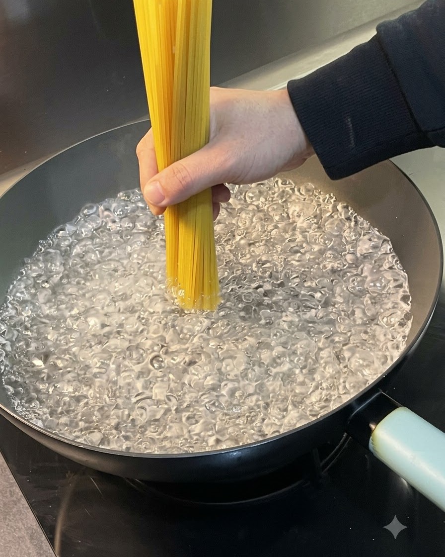A bundle of raw spaghetti being lowered into a pot of boiling water.