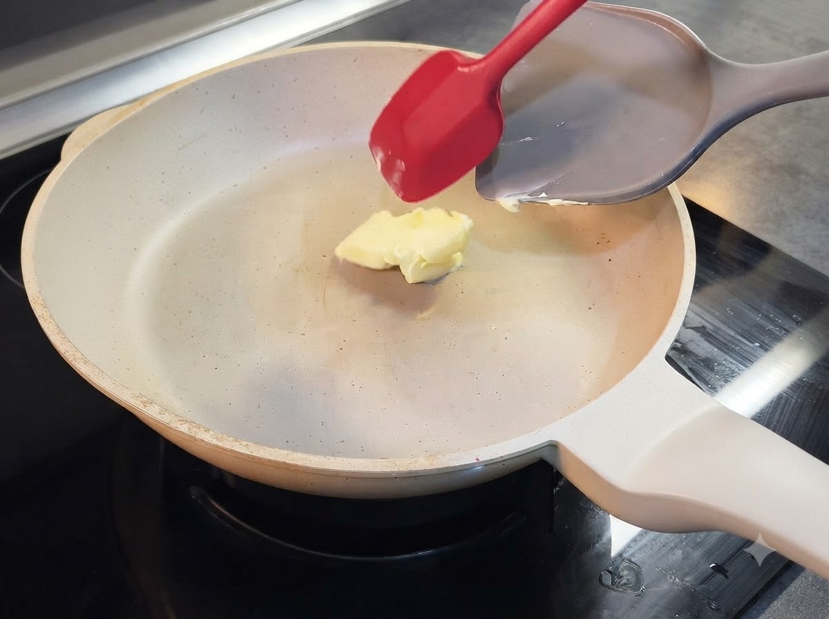 A spatula stirring a melting piece of butter in a white frying pan.