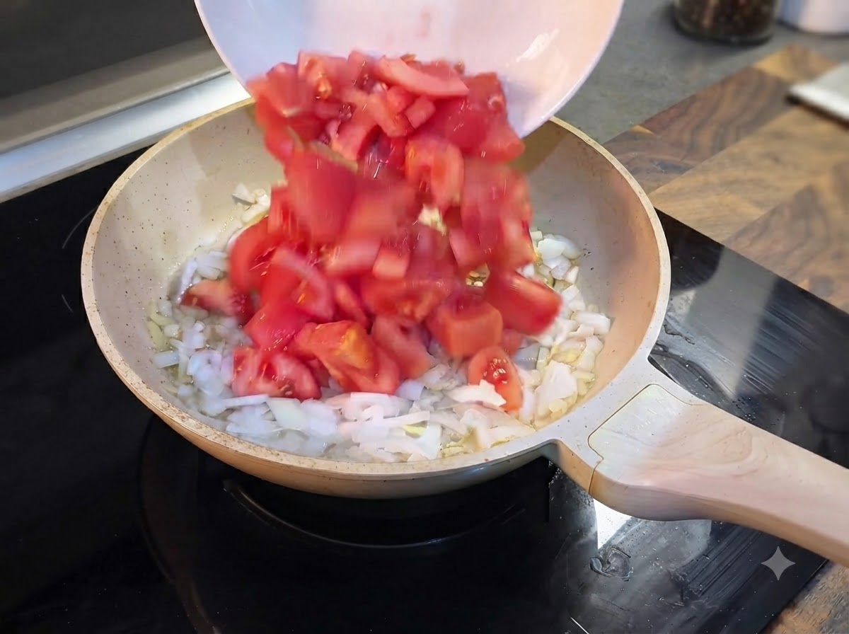 Freshly chopped red tomatoes being poured from a white bowl into the pan with onions.