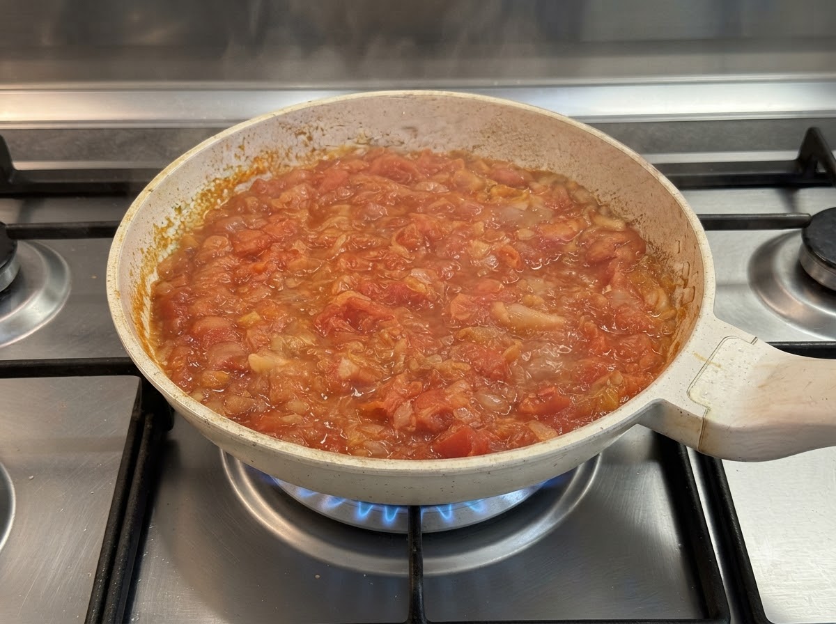 Simmering tomato sauce in a pan as cream cheese melts into it.