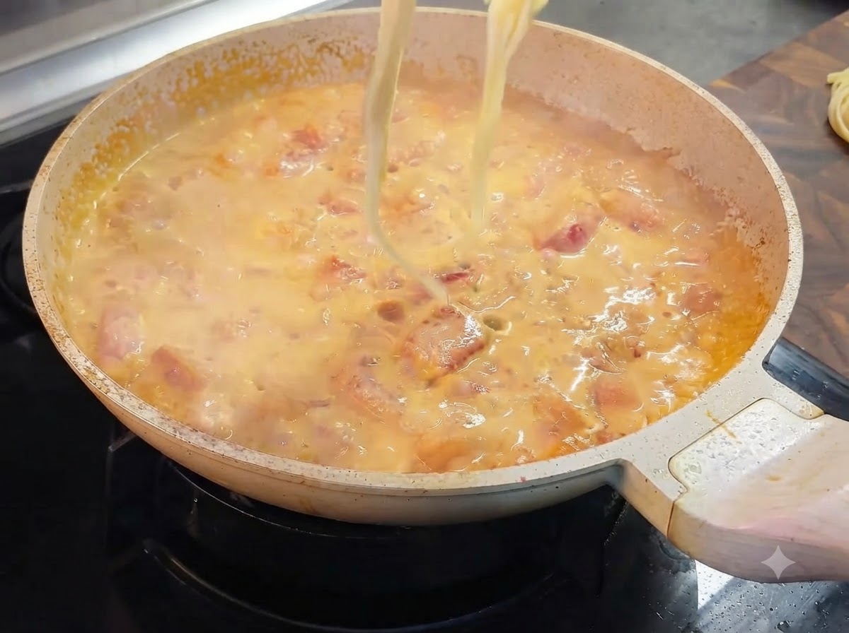 Cooked pasta strands being lifted with tongs and placed into the creamy tomato sauce pan.