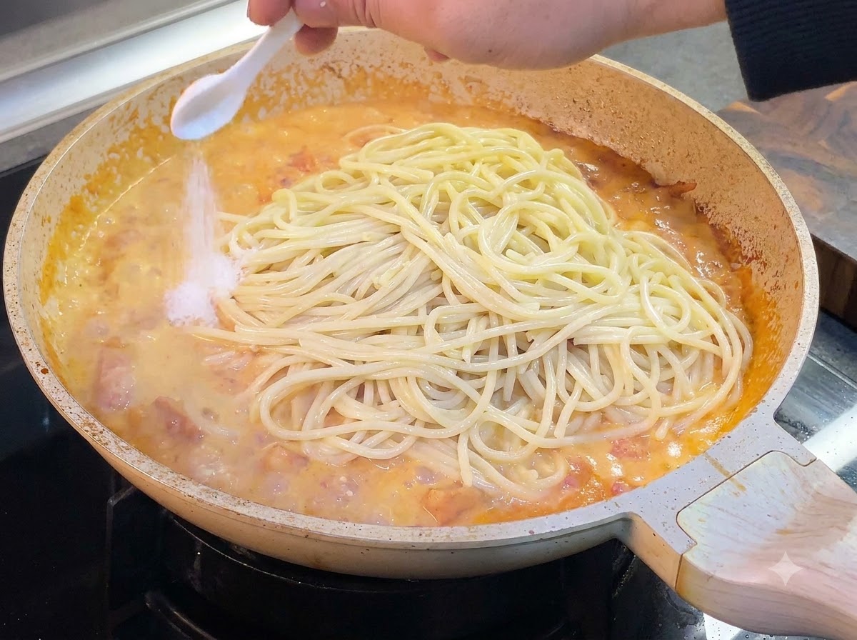 A spoonful of salt being sprinkled over cooked spaghetti resting in a creamy tomato sauce inside a pan.