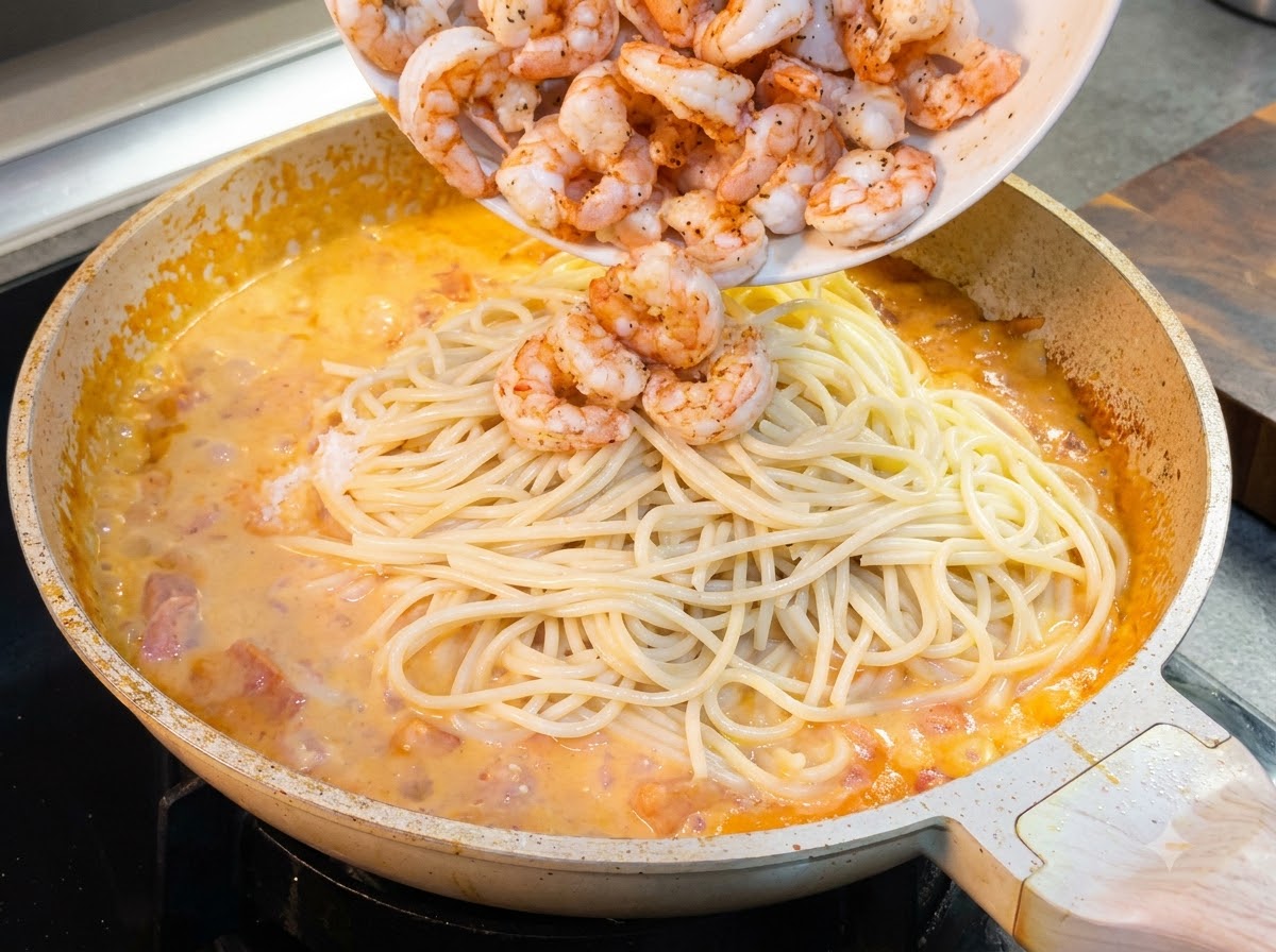Fried shrimp being poured from a white plate into a pan filled with spaghetti and creamy sauce.