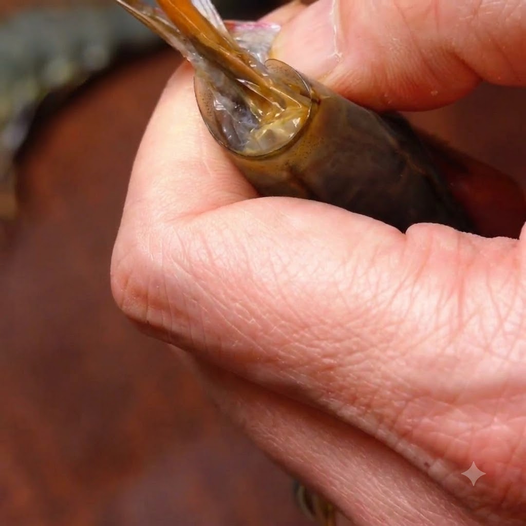 Close-up hands peeling and deveining a raw black tiger shrimp on a dark wooden surface.