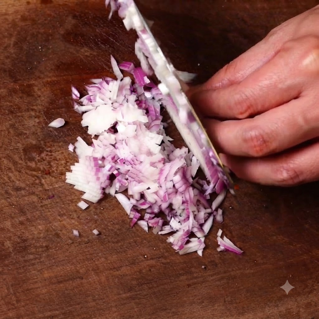 A hand using a chefs knife to finely chop a red onion on a wooden cutting board.