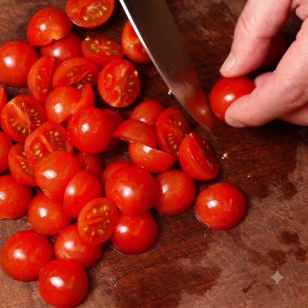Cherry tomatoes being cut in half on a wooden cutting board with a knife.