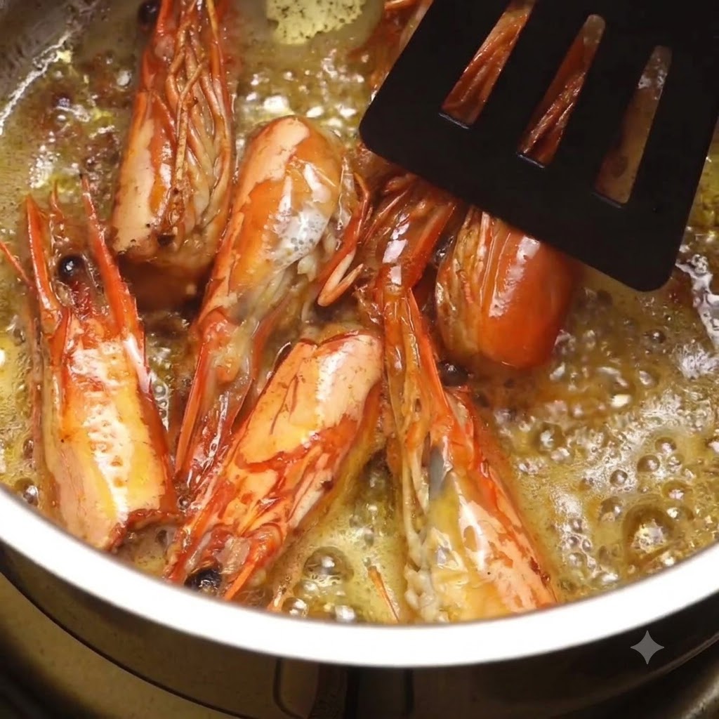 Shrimp heads frying in bubbling olive oil inside a pot, being crushed with a black spatula.
