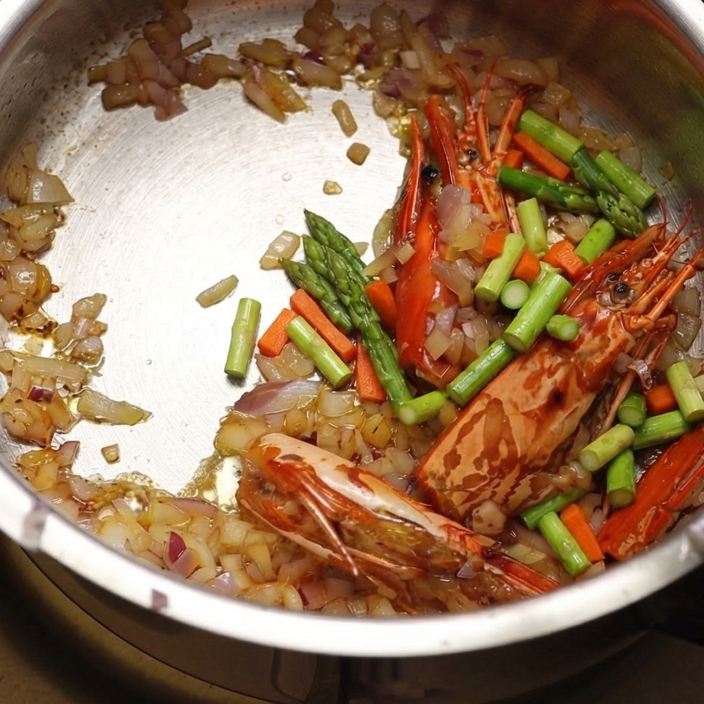 Diced carrots and celery being added to a pot with sautéed aromatics and shrimp heads.