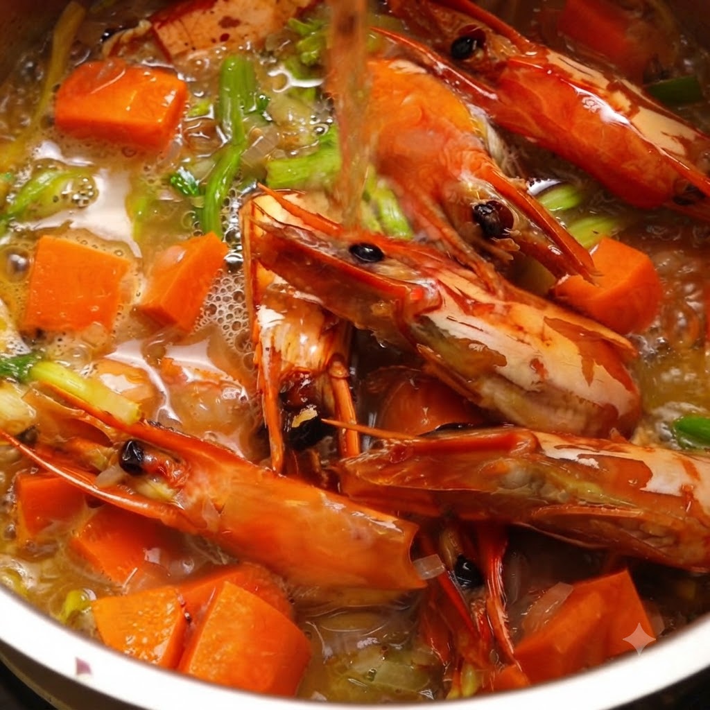 White wine being poured from above into a cooking pot containing vegetables and shrimp heads.