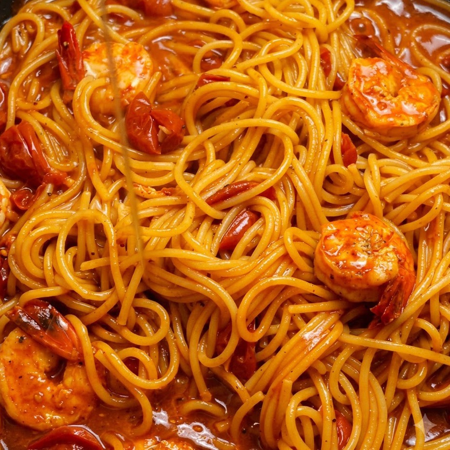 Spaghetti noodles and cooked shrimp being tossed together in a rich red tomato sauce in a pan.