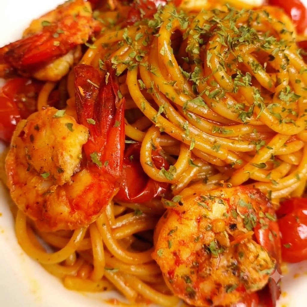 A close-up view of tomato shrimp spaghetti served on a plate and garnished with chopped green parsley.