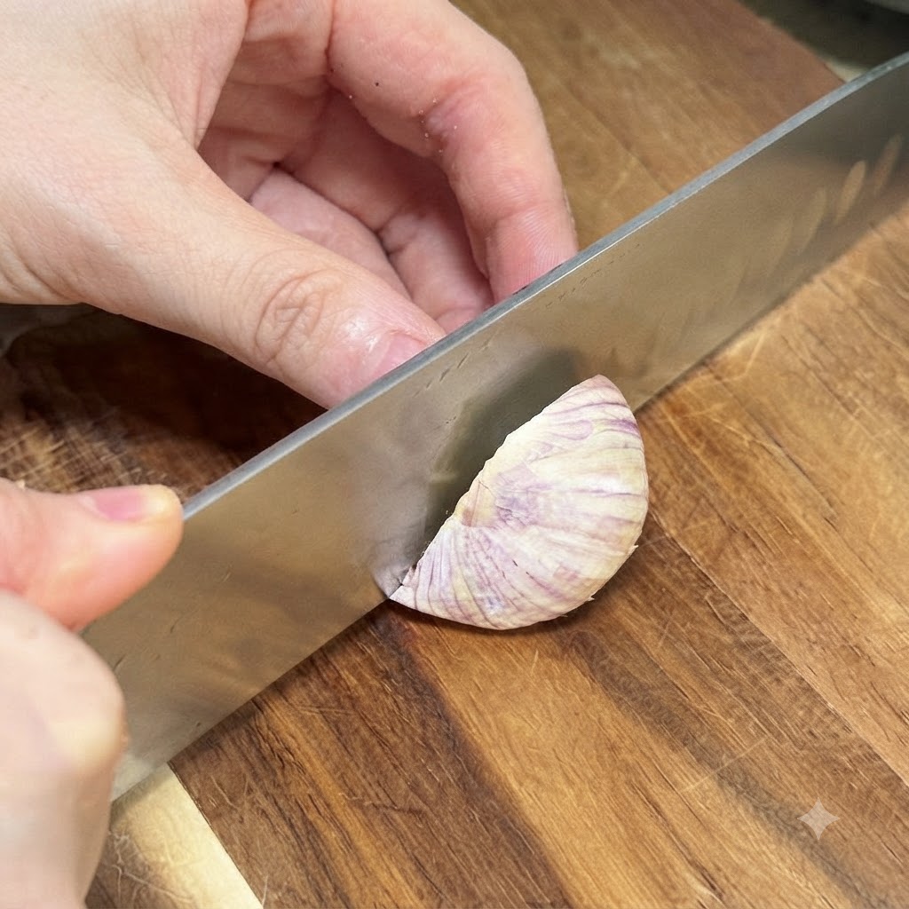 A close-up view of garlic cloves being chopped into fine pieces on a wooden board.