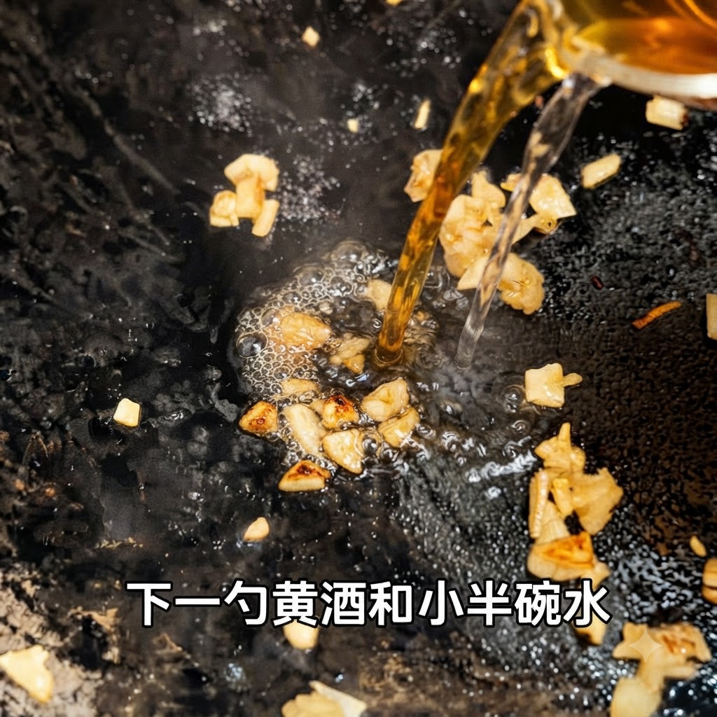 Yellow wine and water being poured simultaneously into a hot pan containing sautéed garlic.