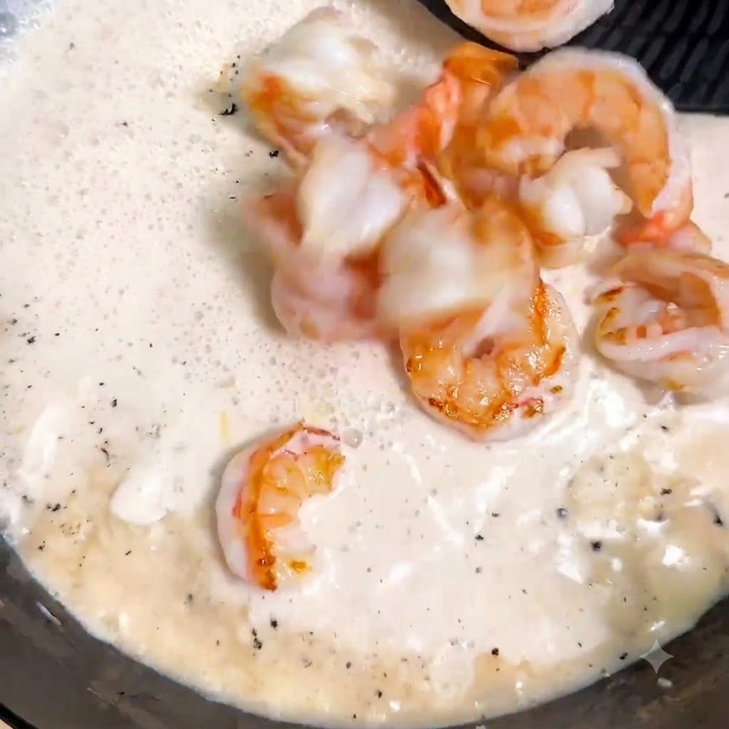 Cooked shrimp and boiled spaghetti pasta being tossed into the bubbling cream sauce in a frying pan.
