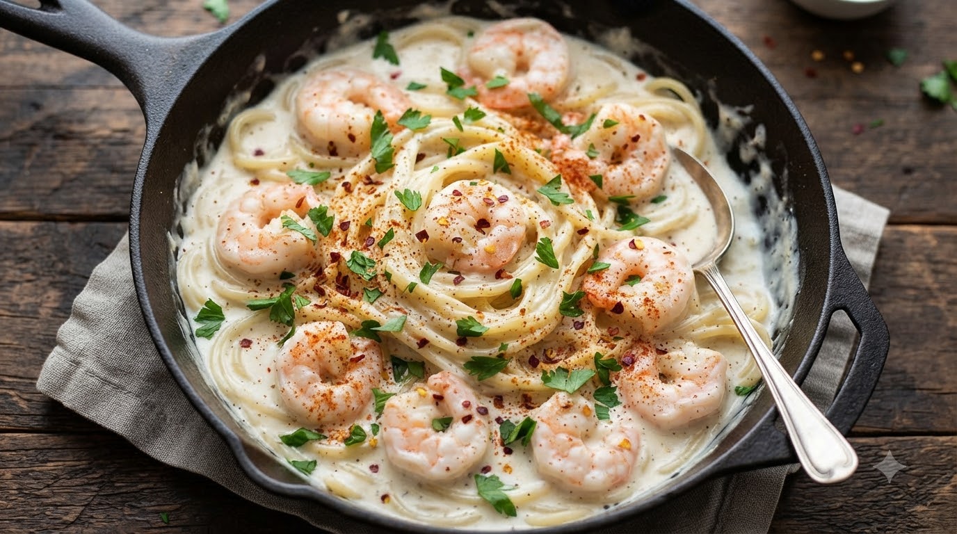 Creamy garlic shrimp pasta in a skillet, garnished with fresh parsley and red chili flakes