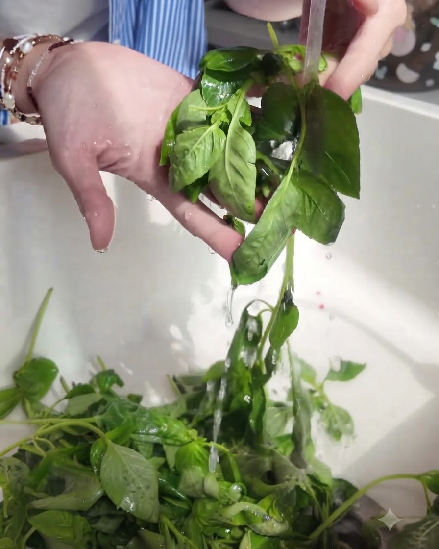 Fresh green basil leaves being rinsed thoroughly under a running kitchen faucet.