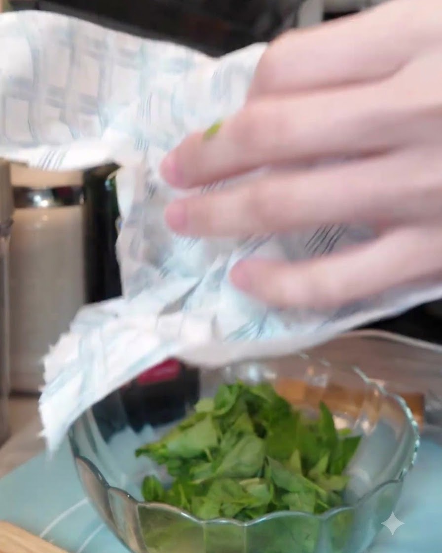 A person using kitchen paper towels to carefully pat dry fresh green basil leaves in a glass bowl.
