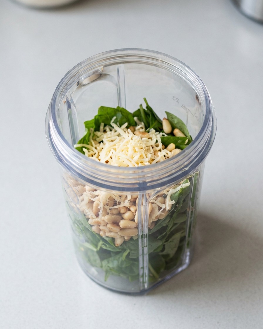 Freshly grated cheese layered over basil leaves, garlic, and pine nuts inside a blender container.