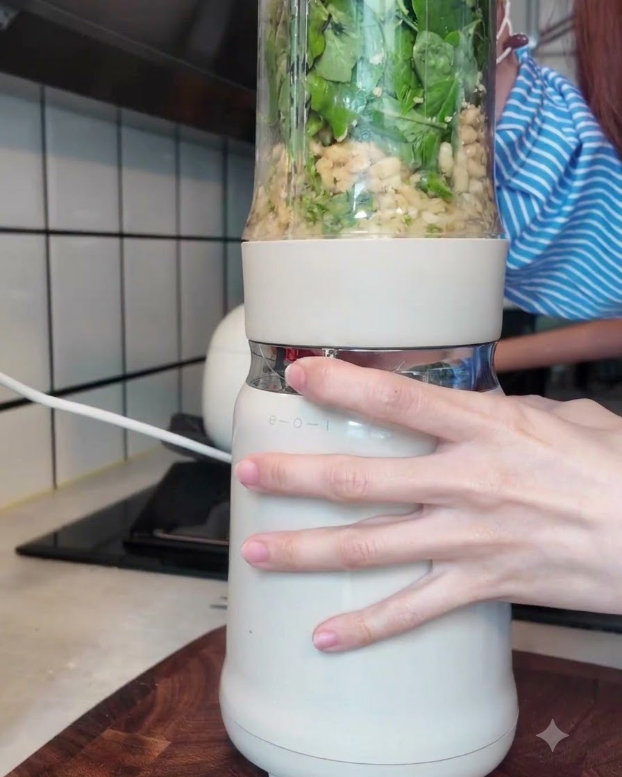 A blender actively processing basil, nuts, cheese, and oil into a smooth vibrant green sauce.