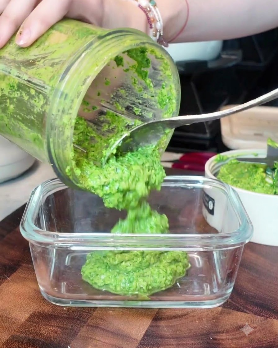 Vibrant green basil pesto being scooped from a blender jar into a clear glass container using a spoon.