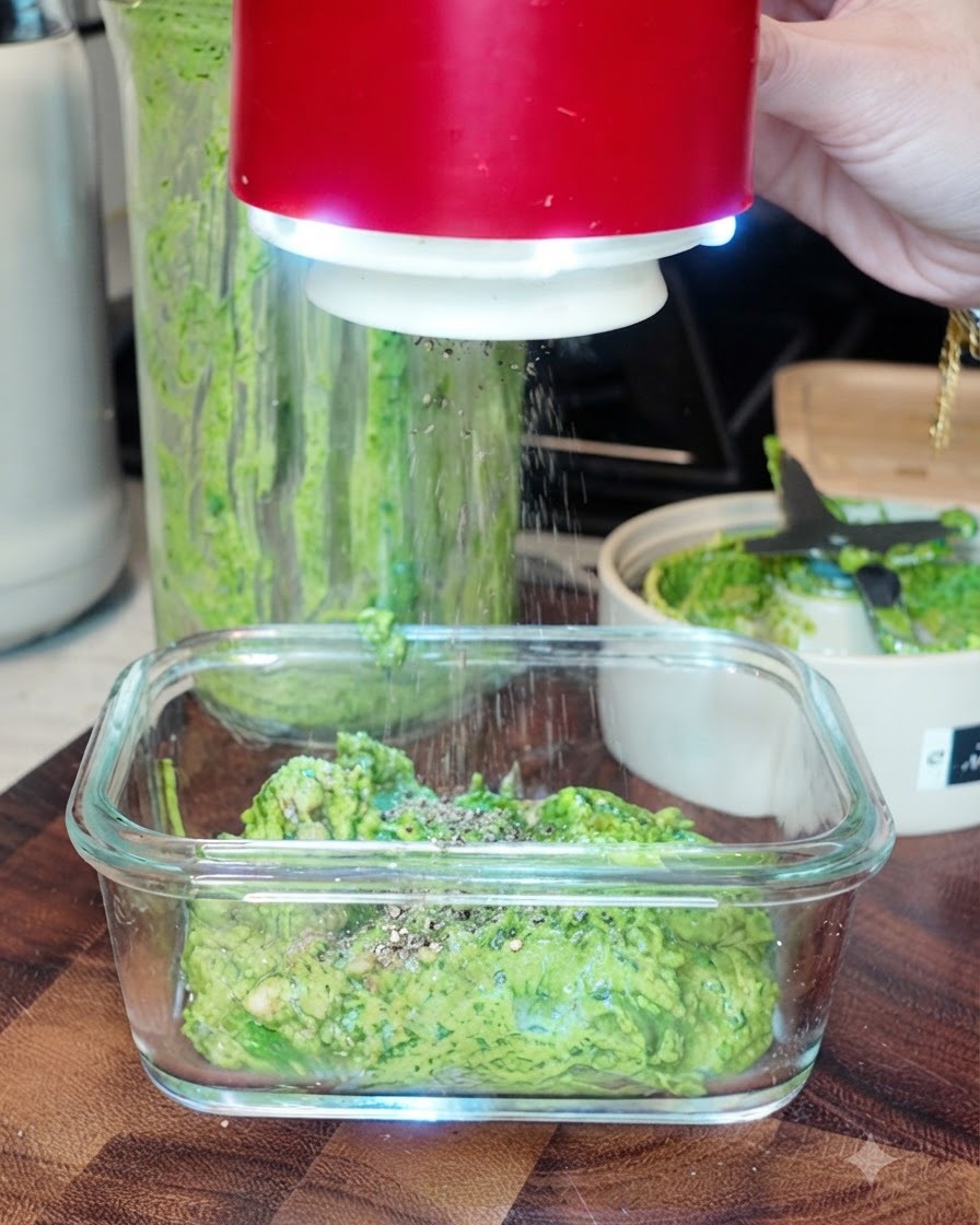 Black pepper and sea salt being sprinkled from a red shaker onto the green basil pesto in a glass rectangular dish.
