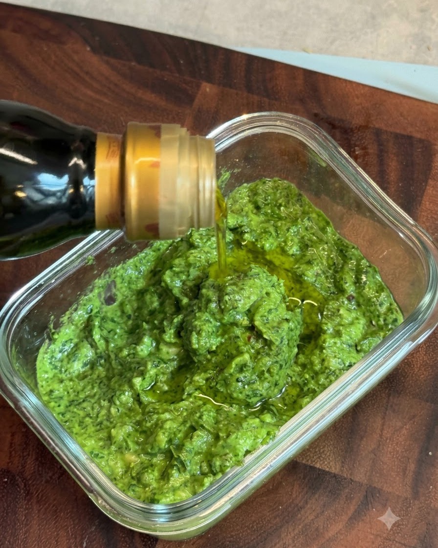 Olive oil being poured from a glass bottle to form a protective layer over the vibrant green basil pesto.