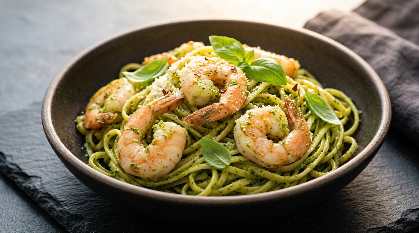 Fresh Basil Pesto Shrimp Pasta