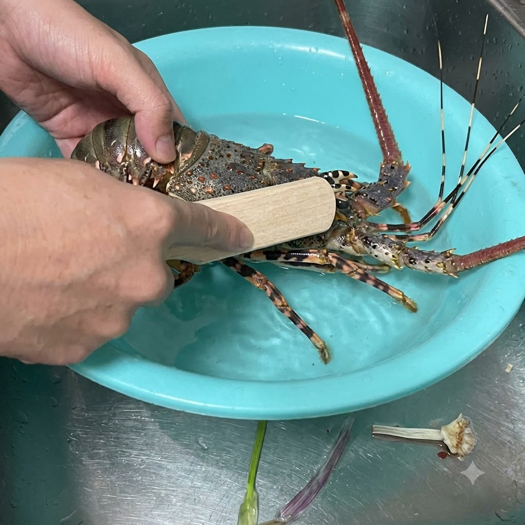 Hands holding a live spiny lobster in a light blue basin, using a wooden brush to scrub the shell under running water.