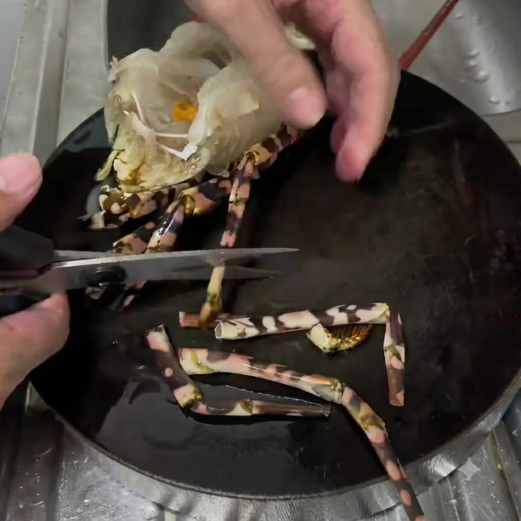 Kitchen shears cutting the small legs off a raw lobster head portion resting on a dark plate.