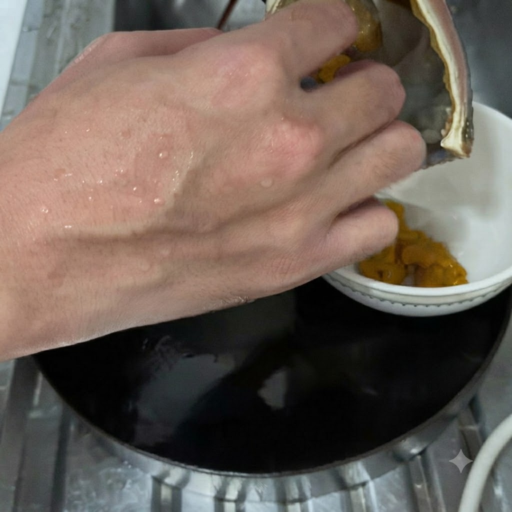 Hands scooping out yellow lobster paste from a lobster head cavity into a small white bowl.