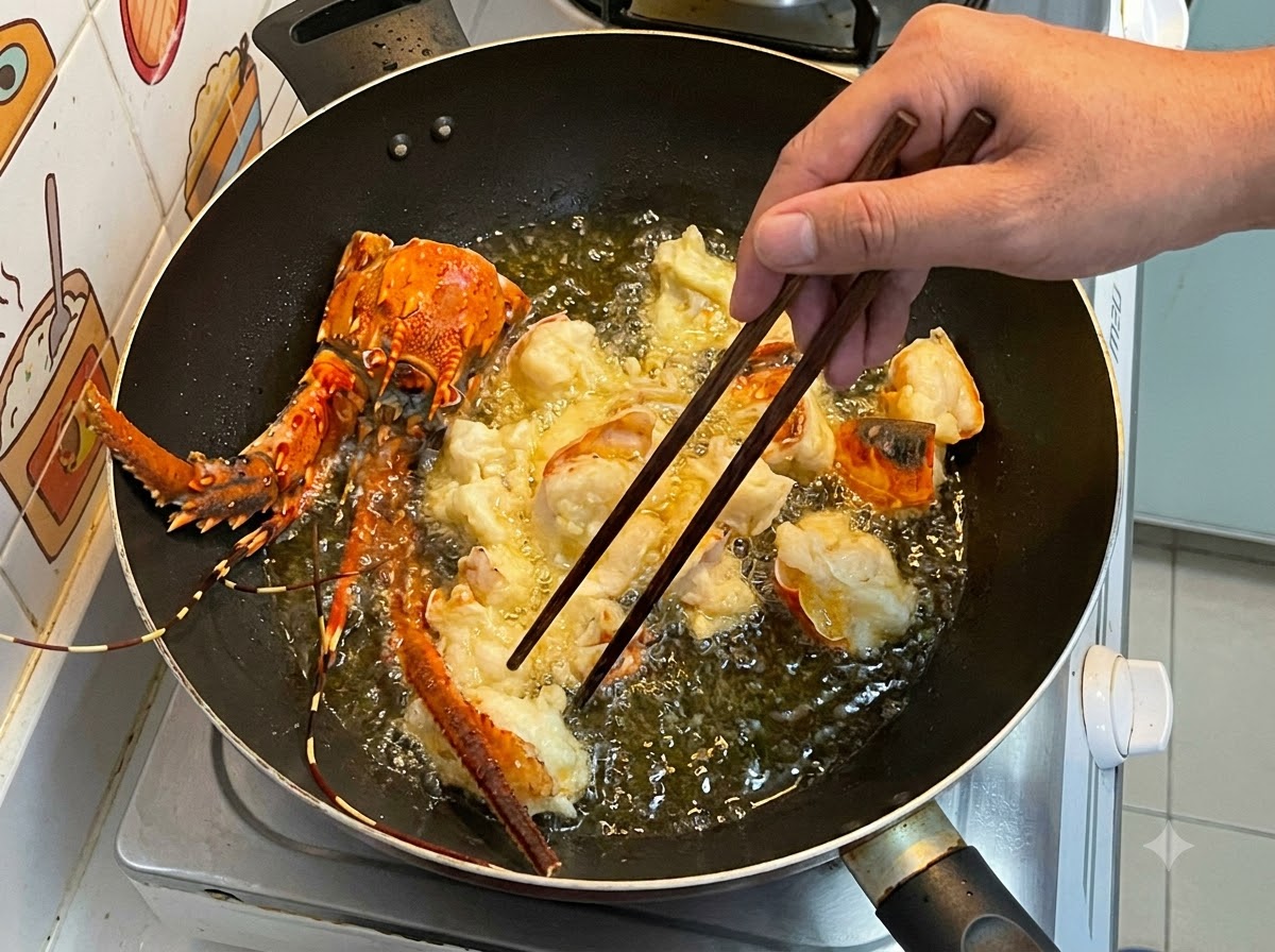 Coated lobster pieces and shell deep-frying in hot, bubbling oil inside a wok.