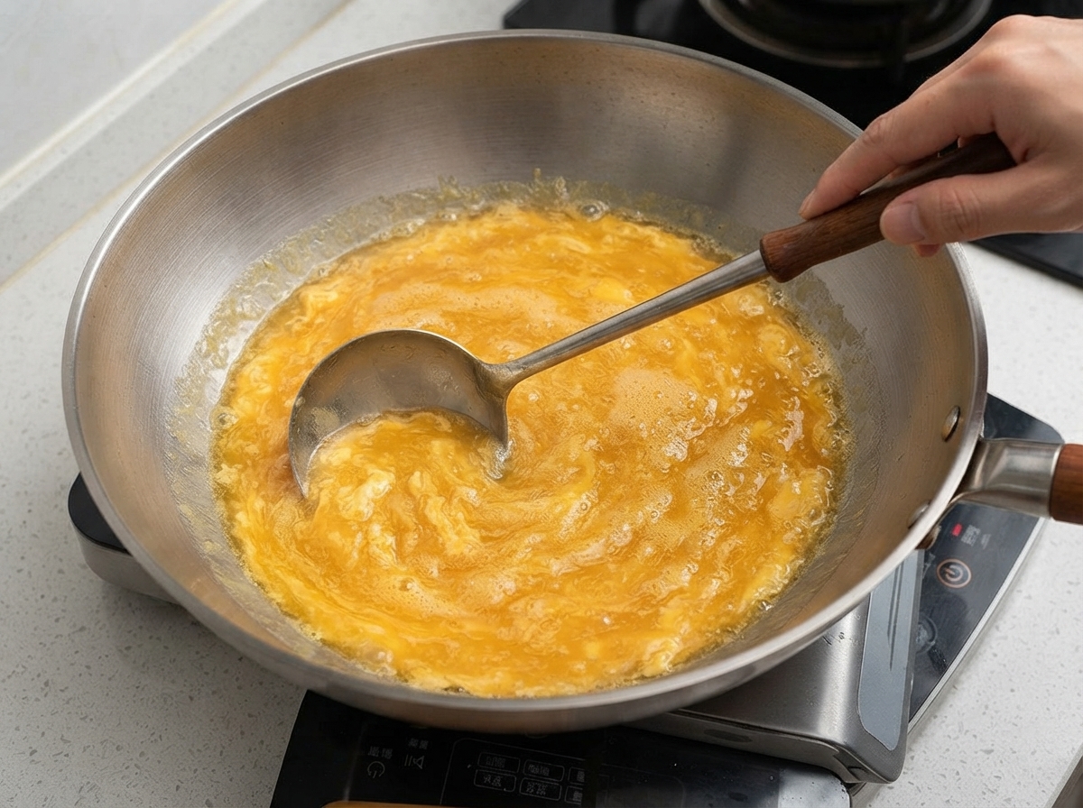 A ladle stirring a bubbling, bright golden-yellow cheese sauce inside a wok.