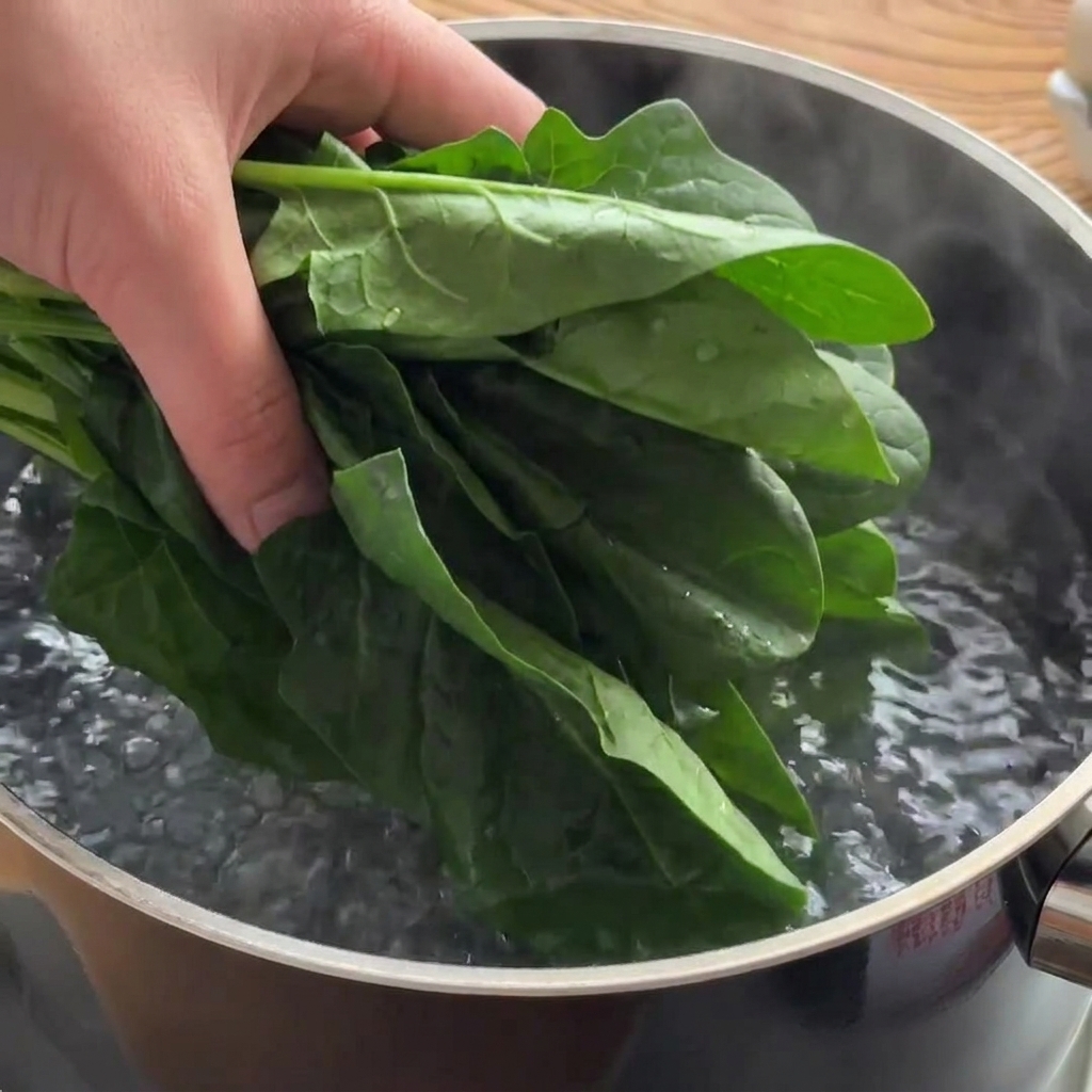 A hand holding fresh green spinach leaves and placing them into a pot of rapidly boiling water.