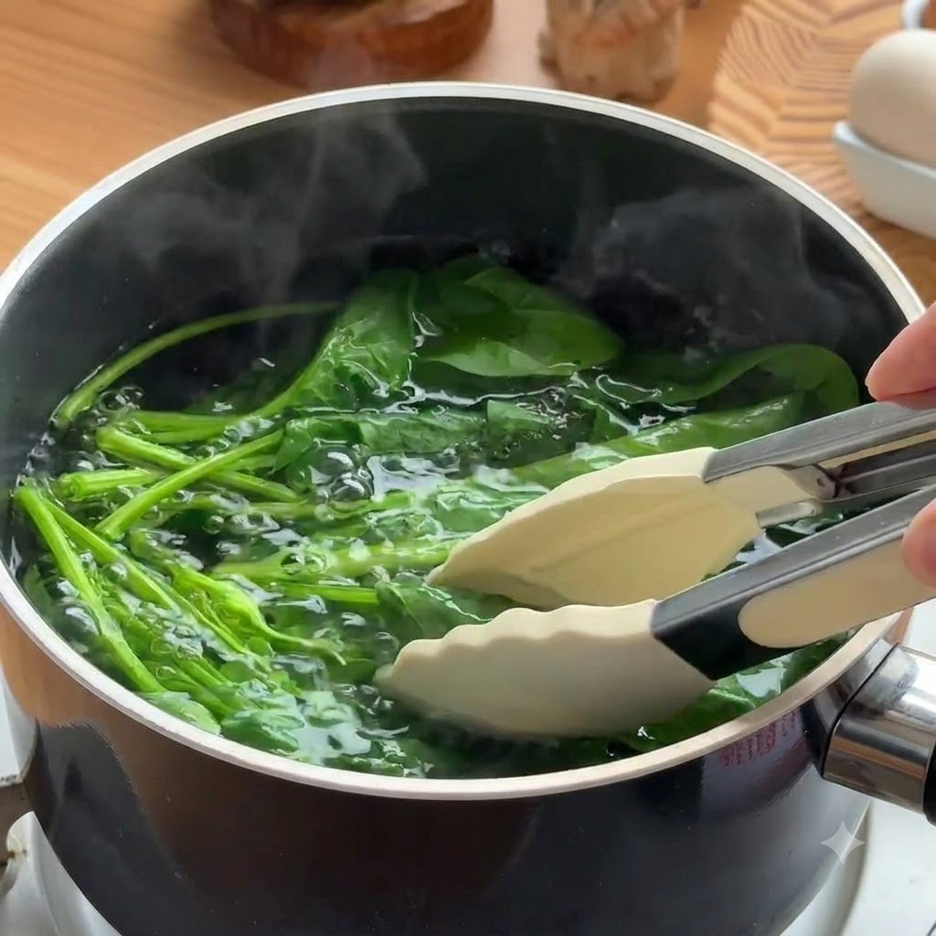 Green spinach leaves being scooped out of boiling water and placed into an ice water bath.