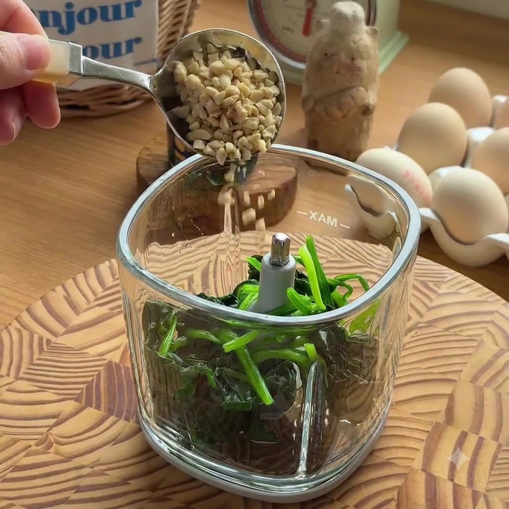 A metal spoon pouring chopped pale nuts into a food processor containing blanched spinach.