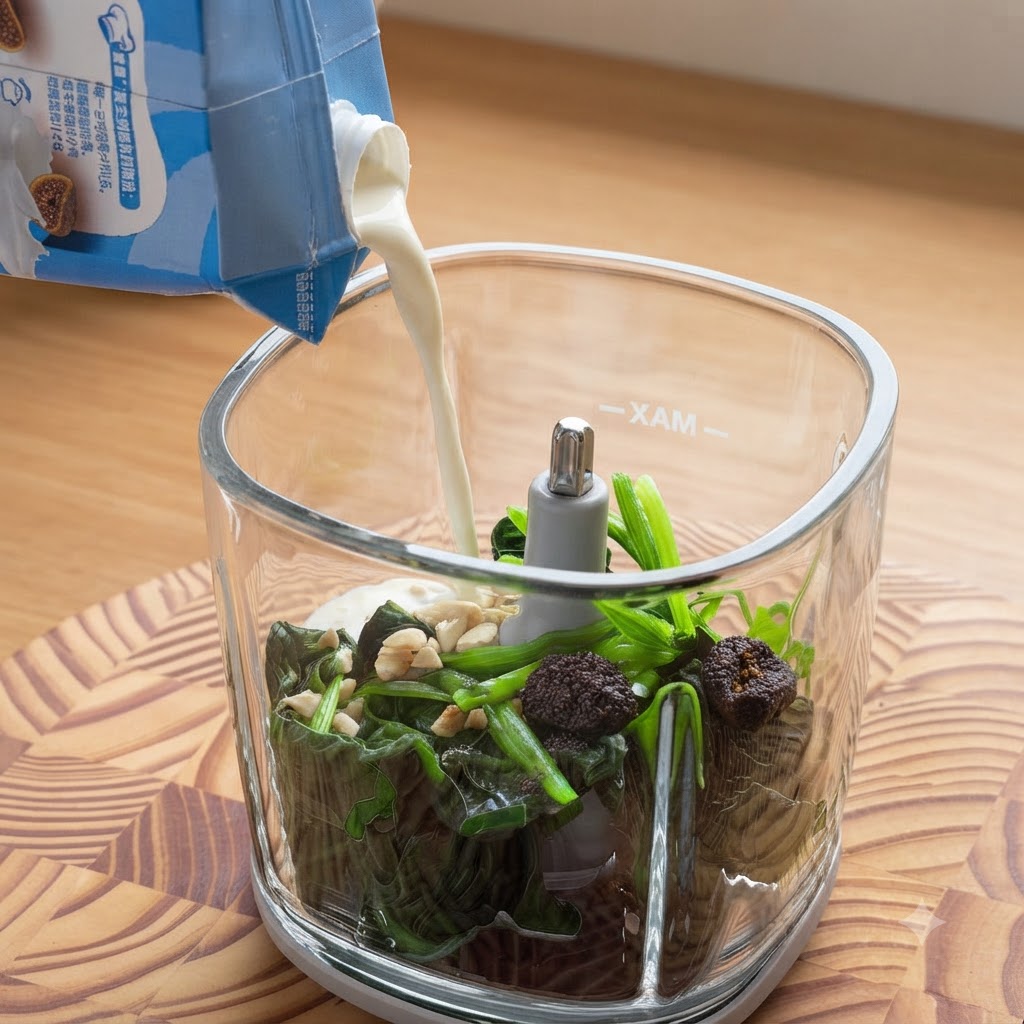 Liquid cream being poured from a carton into a glass food processor filled with greens and nuts.