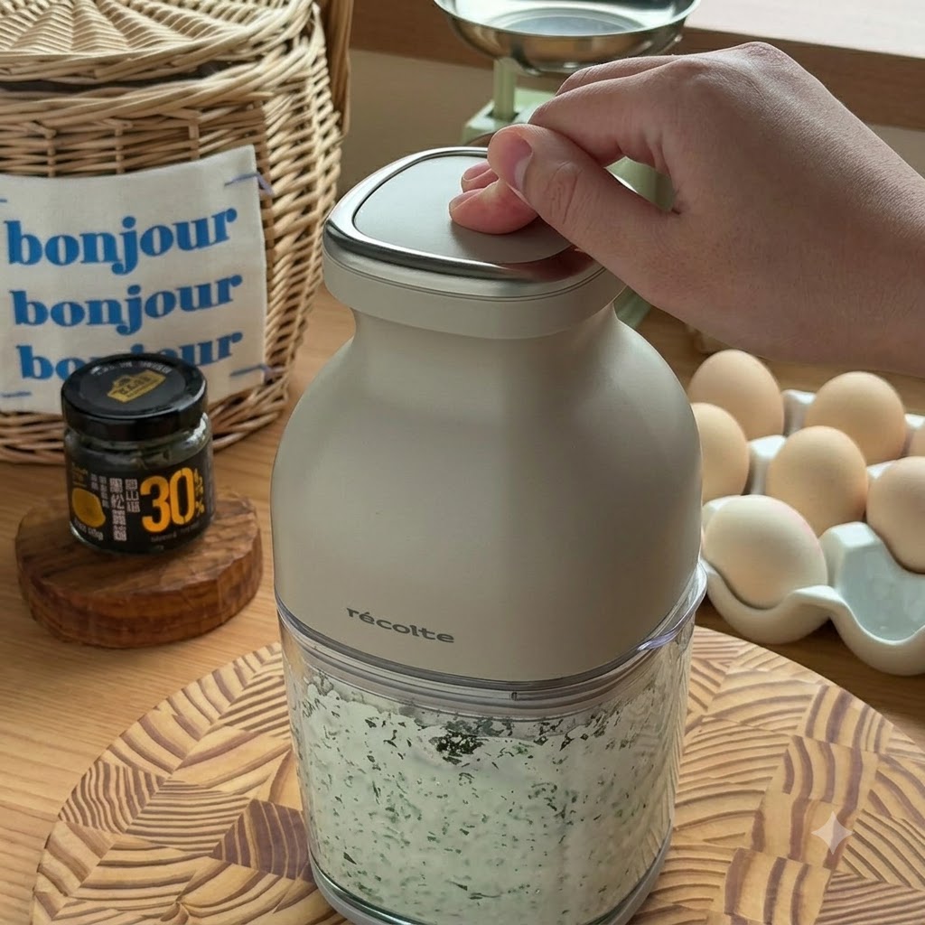 A hand pressing down on the lid of a beige food processor as it blends ingredients into a green sauce.