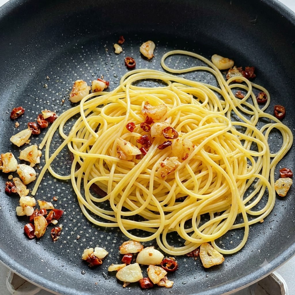Cooked spaghetti noodles sitting in a pan alongside sautéed garlic and chili pieces.
