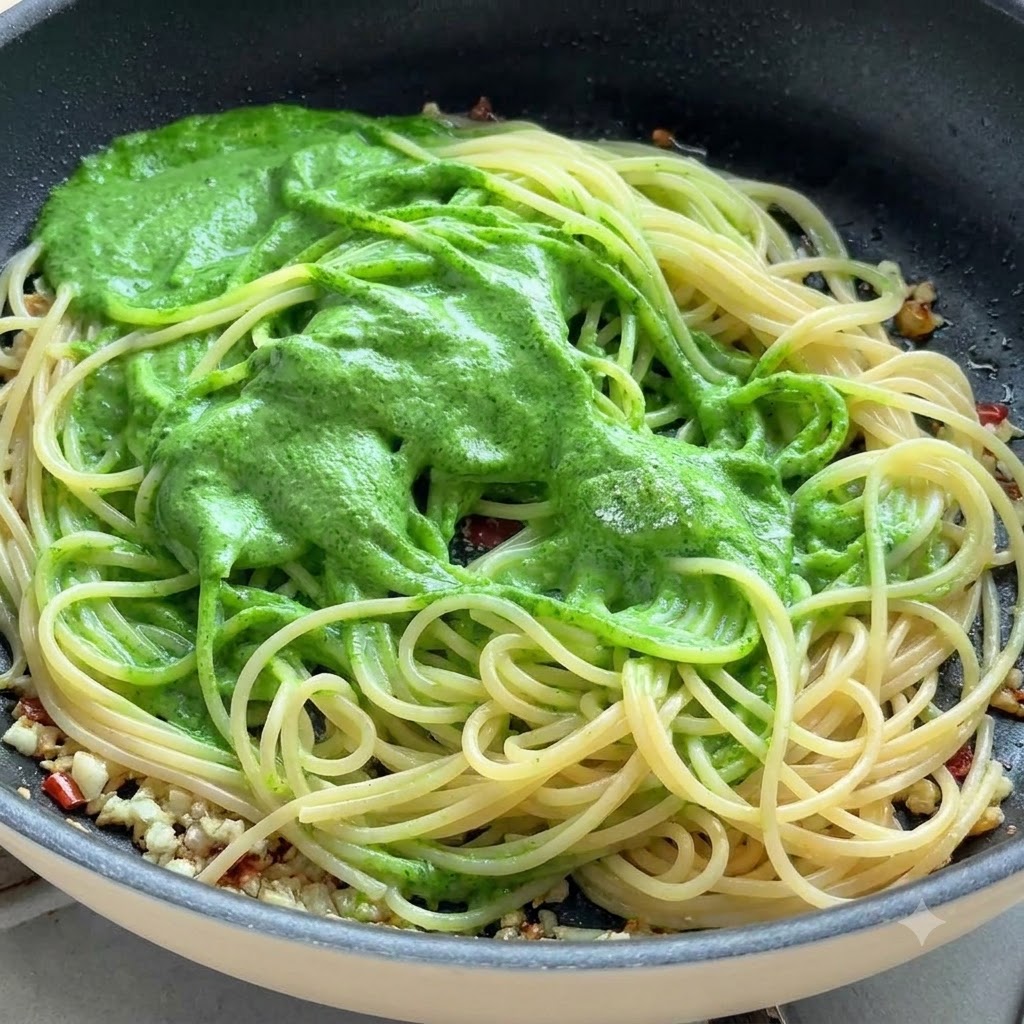 Spaghetti noodles and green pesto sauce being mixed and tossed in a pan using kitchen tongs.