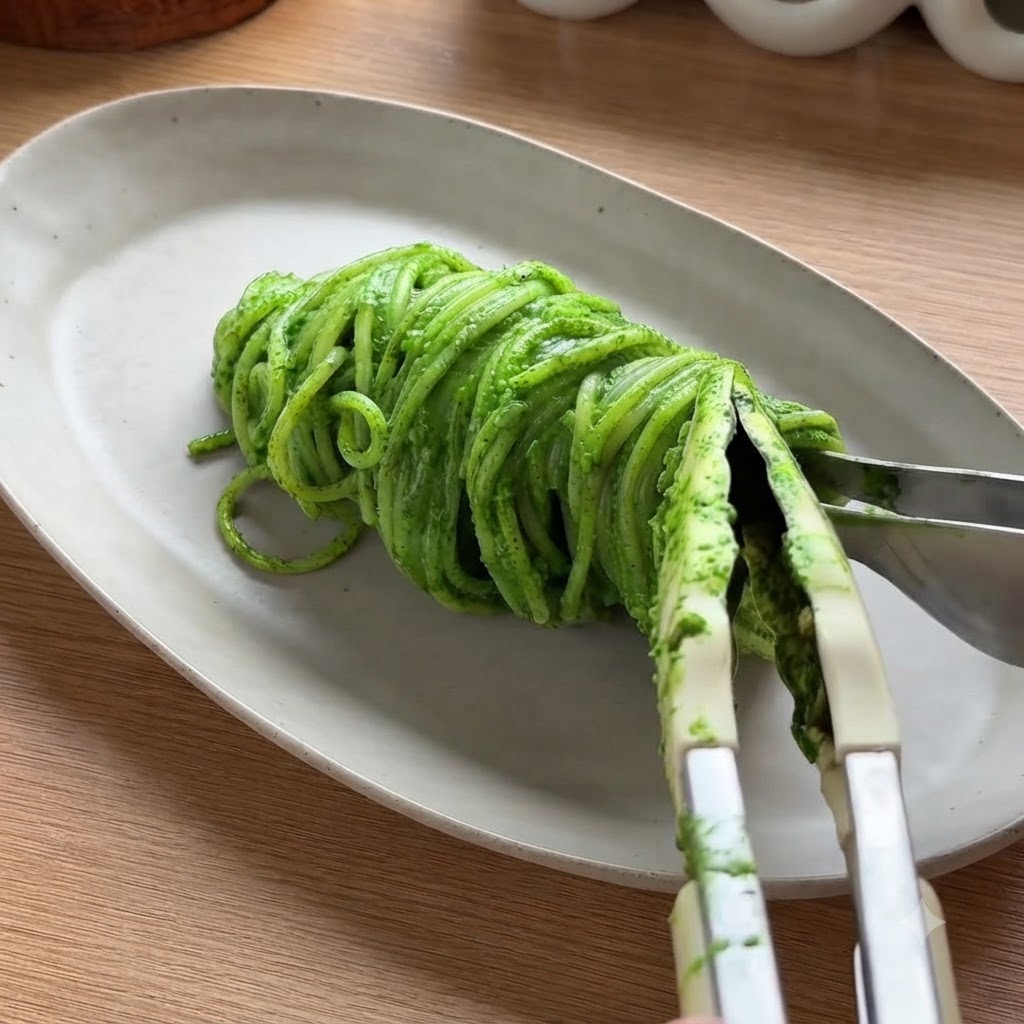 Tongs holding and plating a neatly rolled portion of green pesto spaghetti onto a white oval plate.