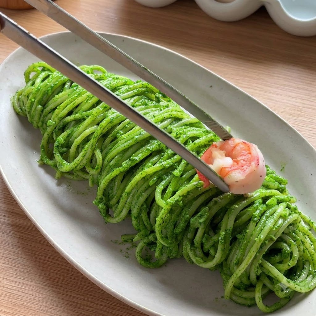 A pair of tongs placing a cooked pink shrimp on top of plated green pesto spaghetti.