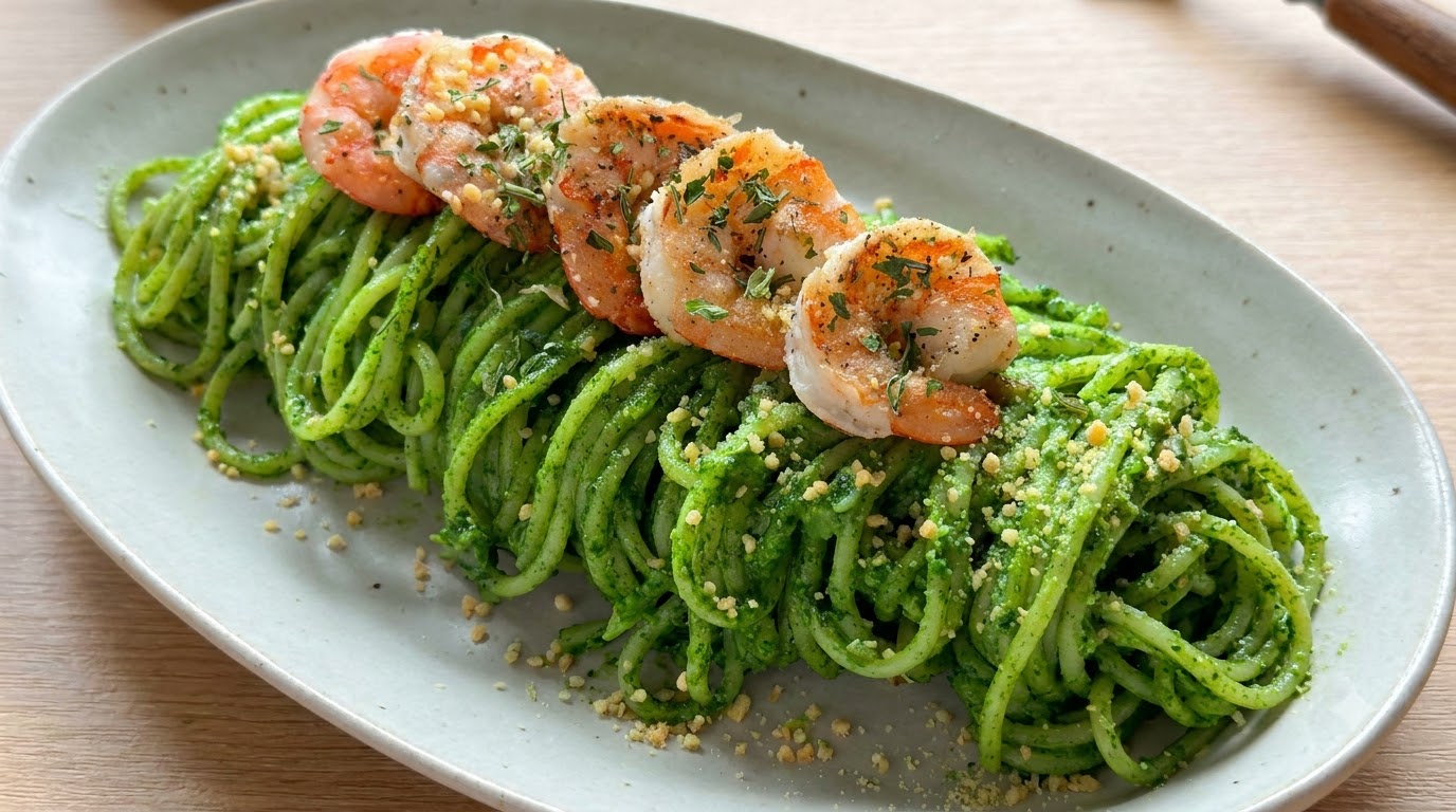 Black Truffle and Shrimp Pesto Pasta