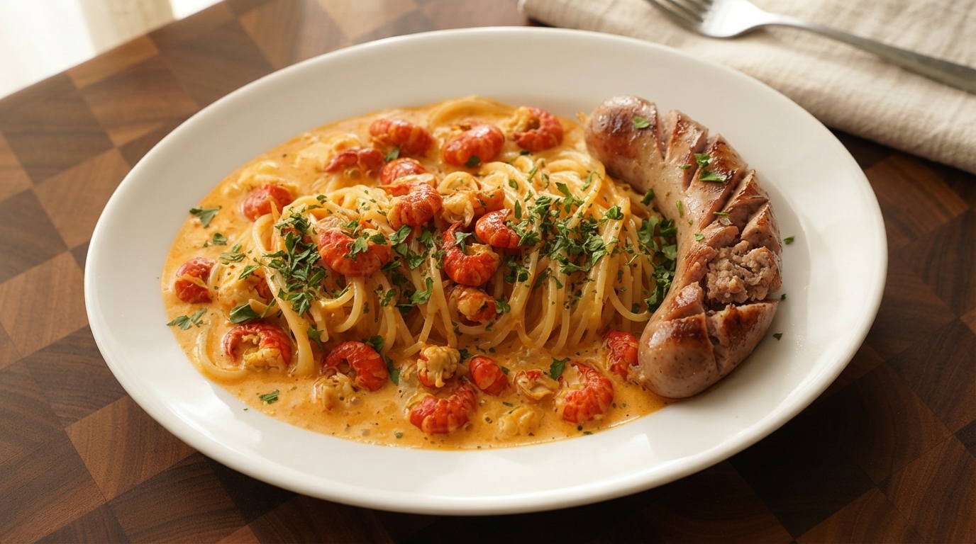 Spicy Creamy Crayfish Pasta with Grilled Sausage