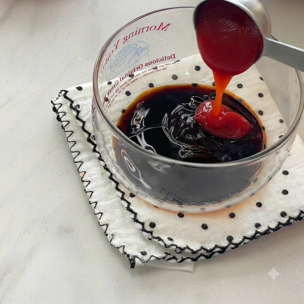Red ketchup being poured from a metal spoon into a clear bowl filled with dark soy sauce.