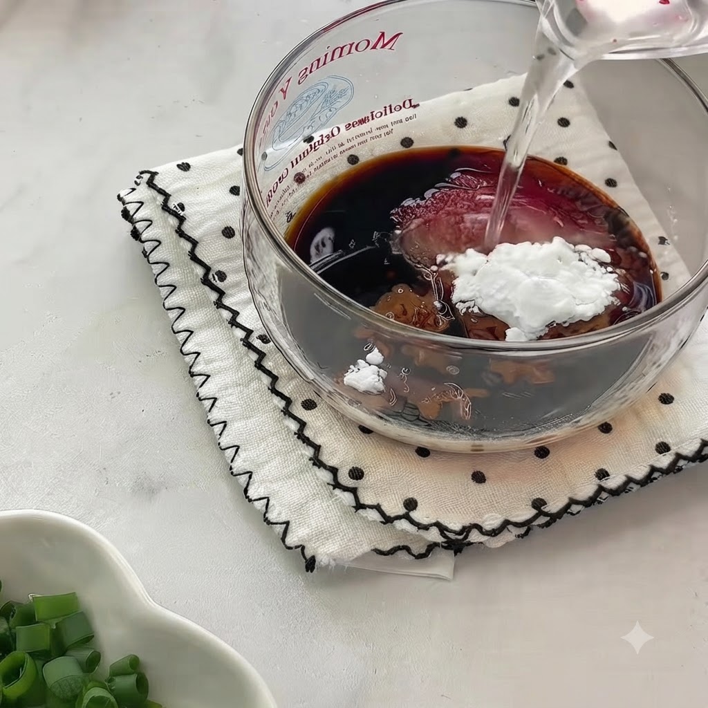 Water being poured into a glass bowl containing soy sauce, seasonings, and cornstarch.