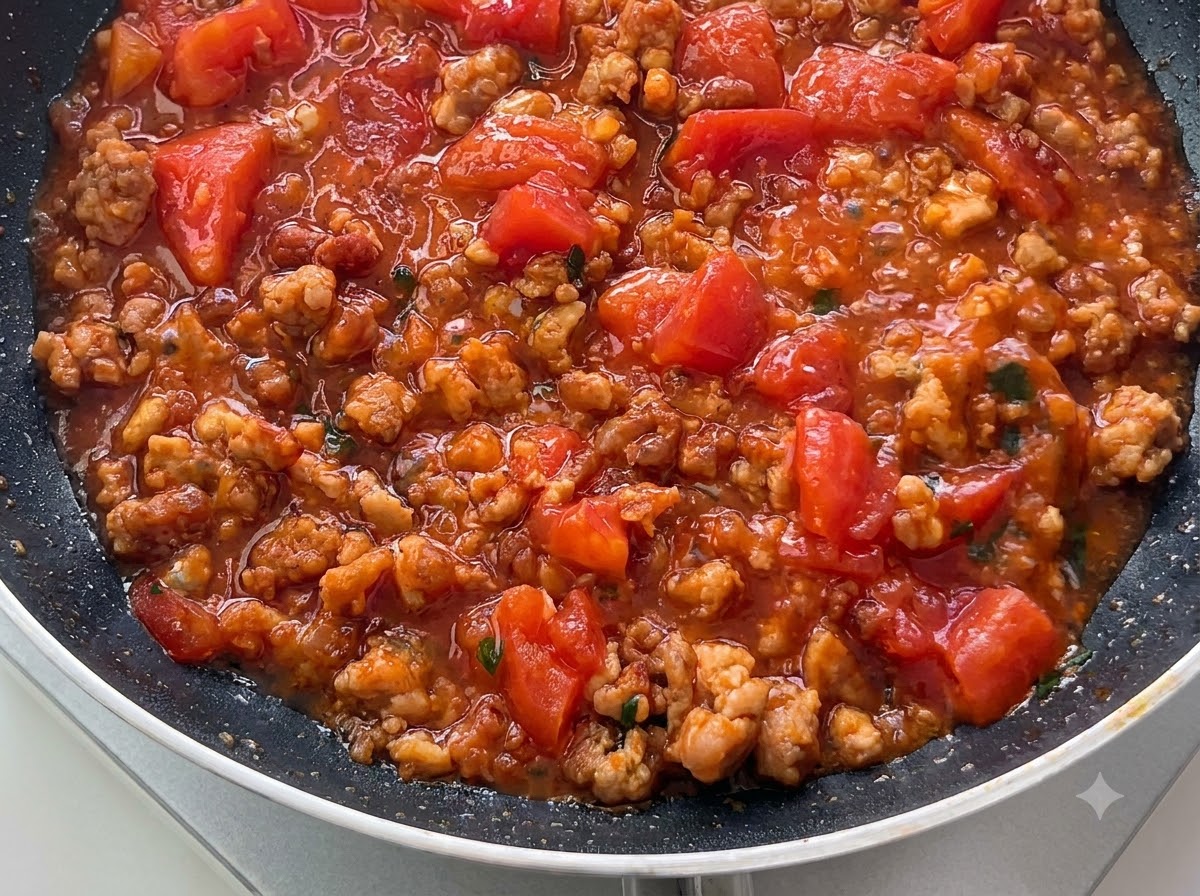 Diced red tomatoes mixed with cooked minced meat simmering in a pan.