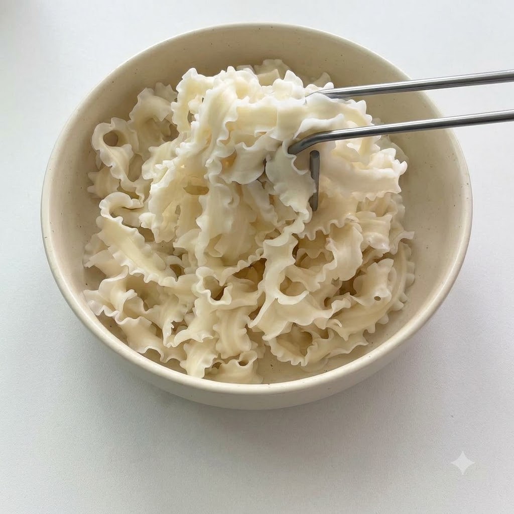 Plain, cooked ruffled wavy noodles being placed into a white ceramic serving bowl with metal chopsticks.